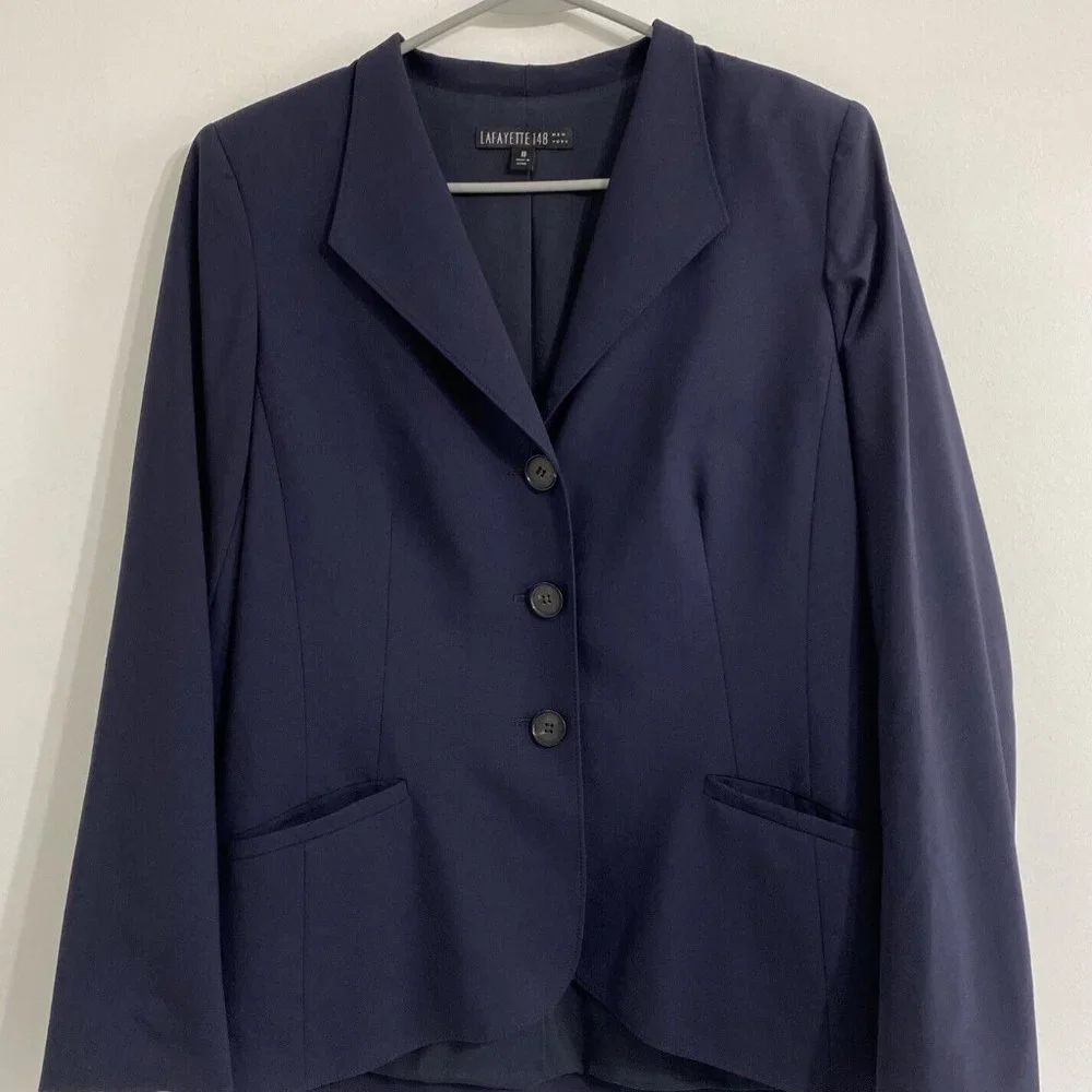 Lafayette 148 New York Blazer Womens 10 Blue Wool Blend Three Button Long Sleeve - Picture 1 of 8